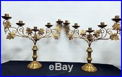 Vtg Antique Religious Altar Church Pair Gilt Leafs Brass Candelabra Candlesticks
