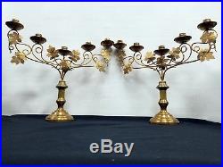 Vtg Antique Religious Altar Church Pair Gilt Leafs Brass Candelabra Candlesticks
