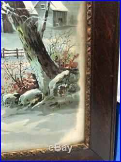 Vtg Antique Victorian Wood Chalk Framed Litho Print Winter Church Sleigh Ride