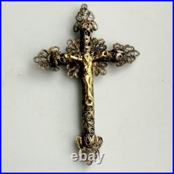 Vtg/antique Christ Crucifix Cross Pendant Gilt Filigree Catholic Religious 2.75