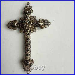 Vtg/antique Christ Crucifix Cross Pendant Gilt Filigree Catholic Religious 2.75