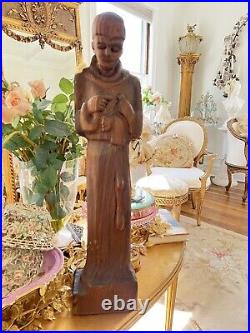 Vtg antique carved wood religious statue St Francis bird 26 Tall Santos Saint