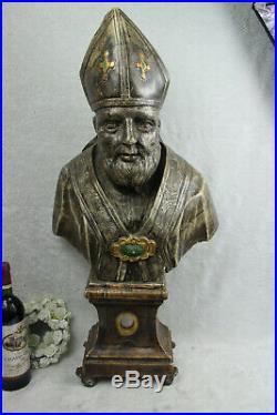 XL 32 18thc italian Antique church altar wood carved Bishop religious saint n2
