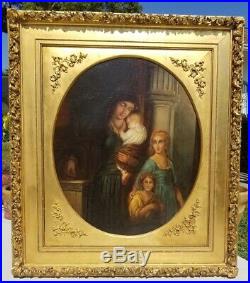 XL Antique Oil Painting Religious Rosary Latin French Inscription STUNNING FRAME