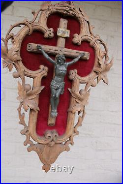 XL German antique Black forest wood carved crucifix cross religious rare