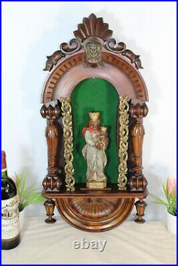 XL antique wood carved chapel CAryatid head Ceramic madonna statue religious