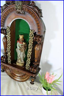 XL antique wood carved chapel CAryatid head Ceramic madonna statue religious
