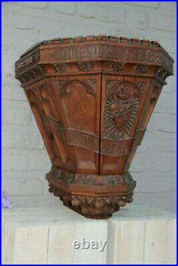 XXL 19thc Church Wood carved latin text Wall console Candle holder religious