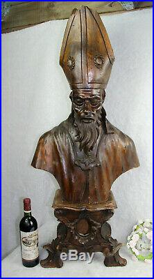 XXL 40 Antique church altar wood carved bust Bishop religious saint pedestal