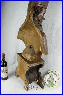 XXL 40 Antique church altar wood carved bust Bishop religious saint pedestal