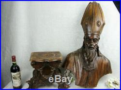 XXL 40 Antique church altar wood carved bust Bishop religious saint pedestal